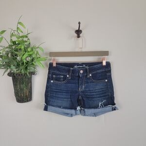 American Eagle Midi Low Rise Dark Blue Wash Stretch Rolled Jean AE 2 Shorts